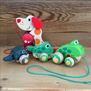 2 Hape Wood Pull Toys- Pepe & Friends Dog and Frogs with Tadpole
